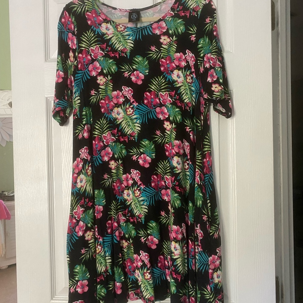 Agnes & Dora Black Floral Midi Dress with Pink & Green Print